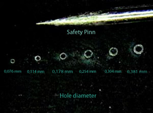 不同尺寸孔的激光穿孔。从最小的孔直径为0.076毫米到最大的孔直径为0.381毫米